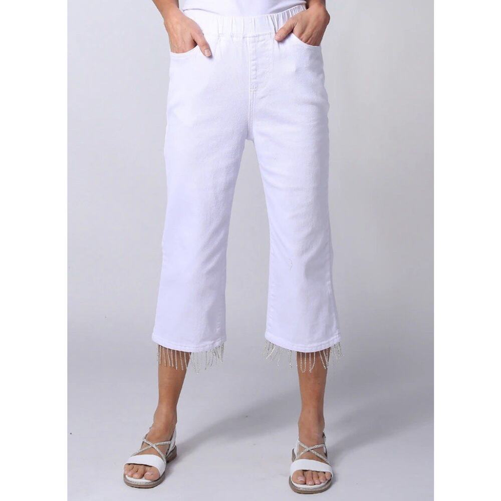 NEW Parker & Rowe White Capri Jeans Pull On Elastic Waist Rhinestone Fringe XL